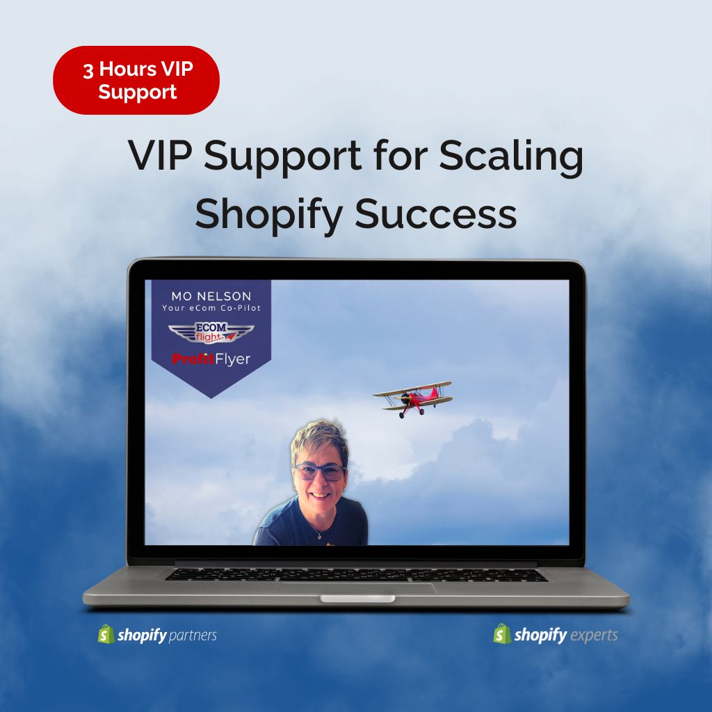 Mo Nelson, eCommerce Co-Pilot, offering VIP Shopify coaching and consulting support with ProfitFlyer dashboard tools.